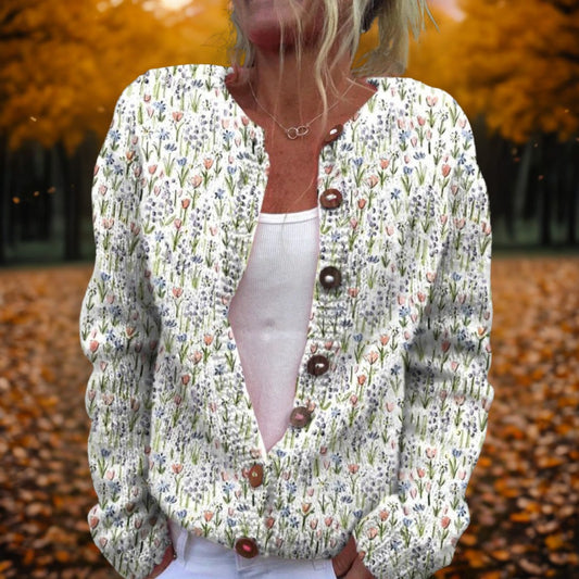 Effortless Floral Cardigan Sweater for Women with V Neck Long Sleeve Button Front Cropped Casual Style