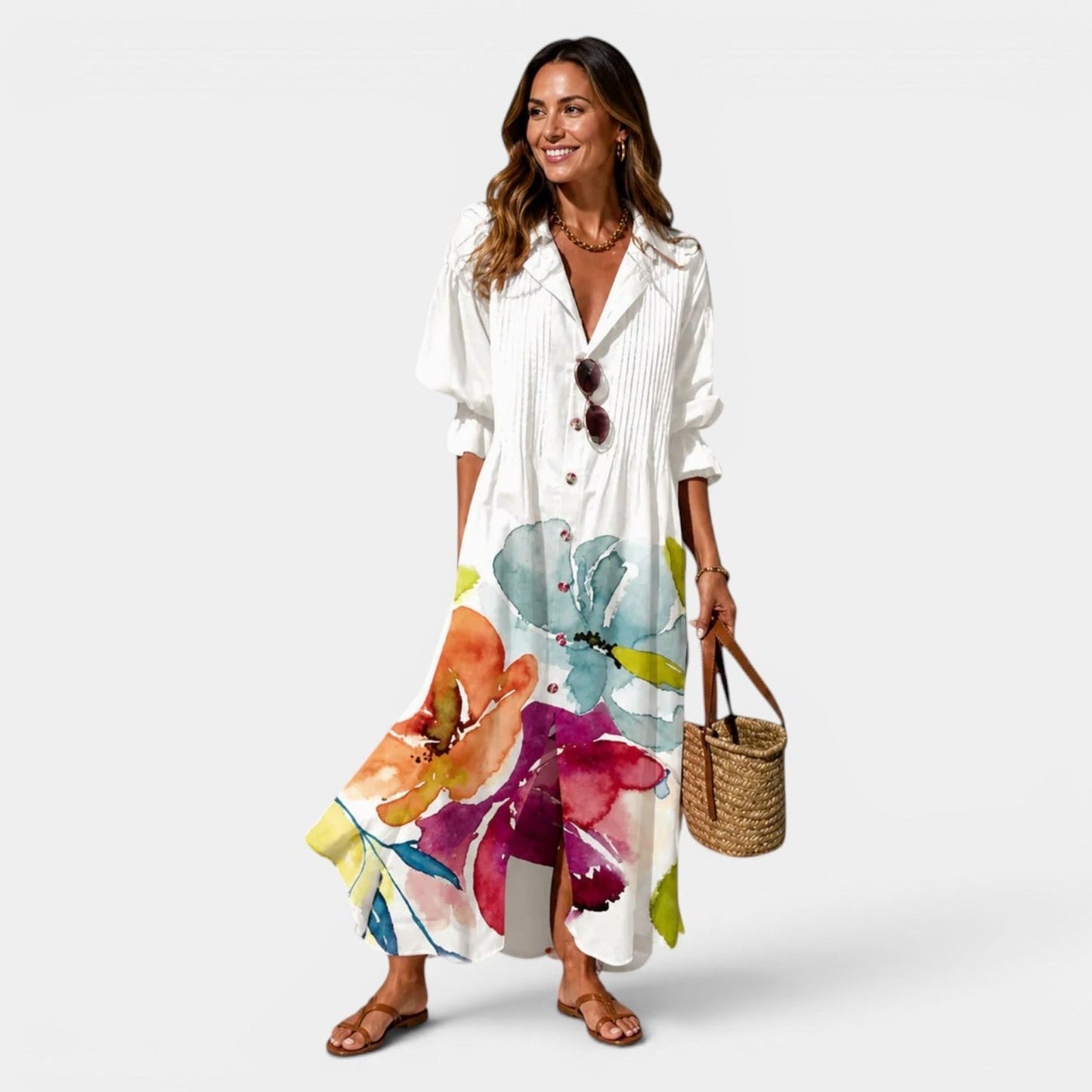 Effortless Floral Maxi Dress for Women with Collared Long Sleeve Button Front Flowing Casual Style