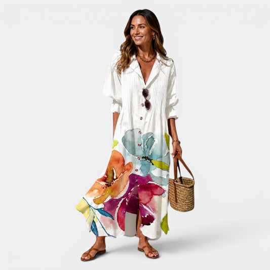 Effortless Floral Maxi Dress for Women with Collared Long Sleeve Button Front Flowing Casual Style