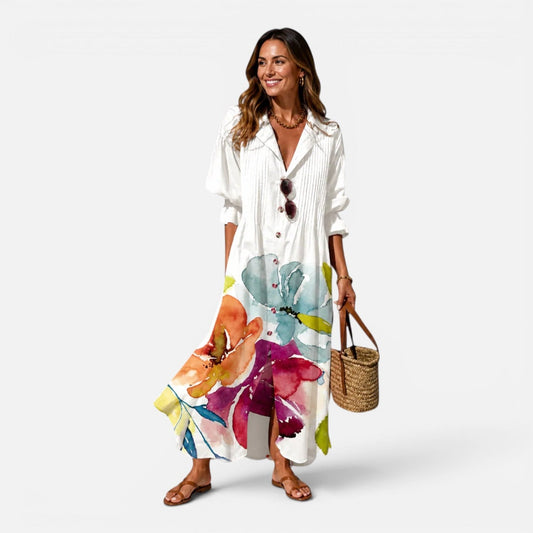 Effortless Floral Maxi Dress for Women with Collared Long Sleeve Button Front Flowing Casual Style