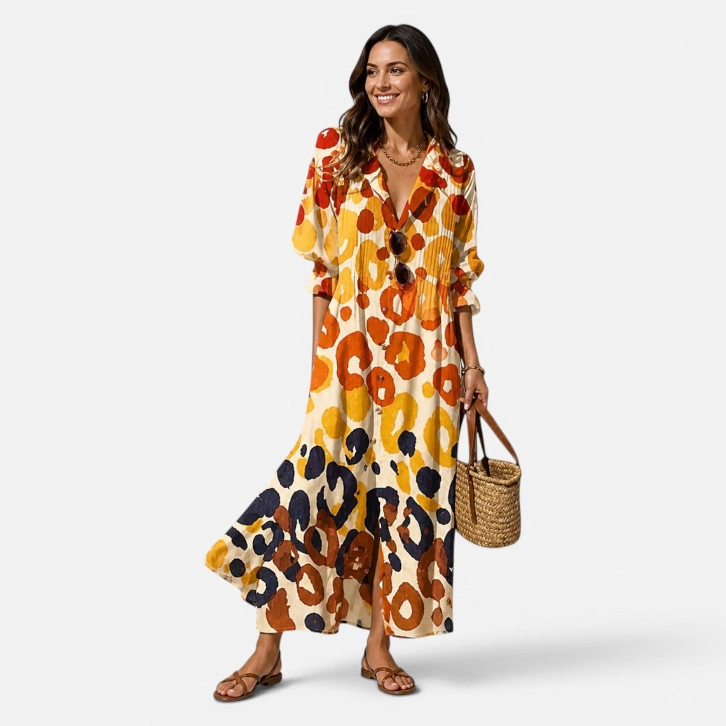 Effortless Floral Maxi Dress for Women with Collared Long Sleeve Button Front Flowing Casual Style