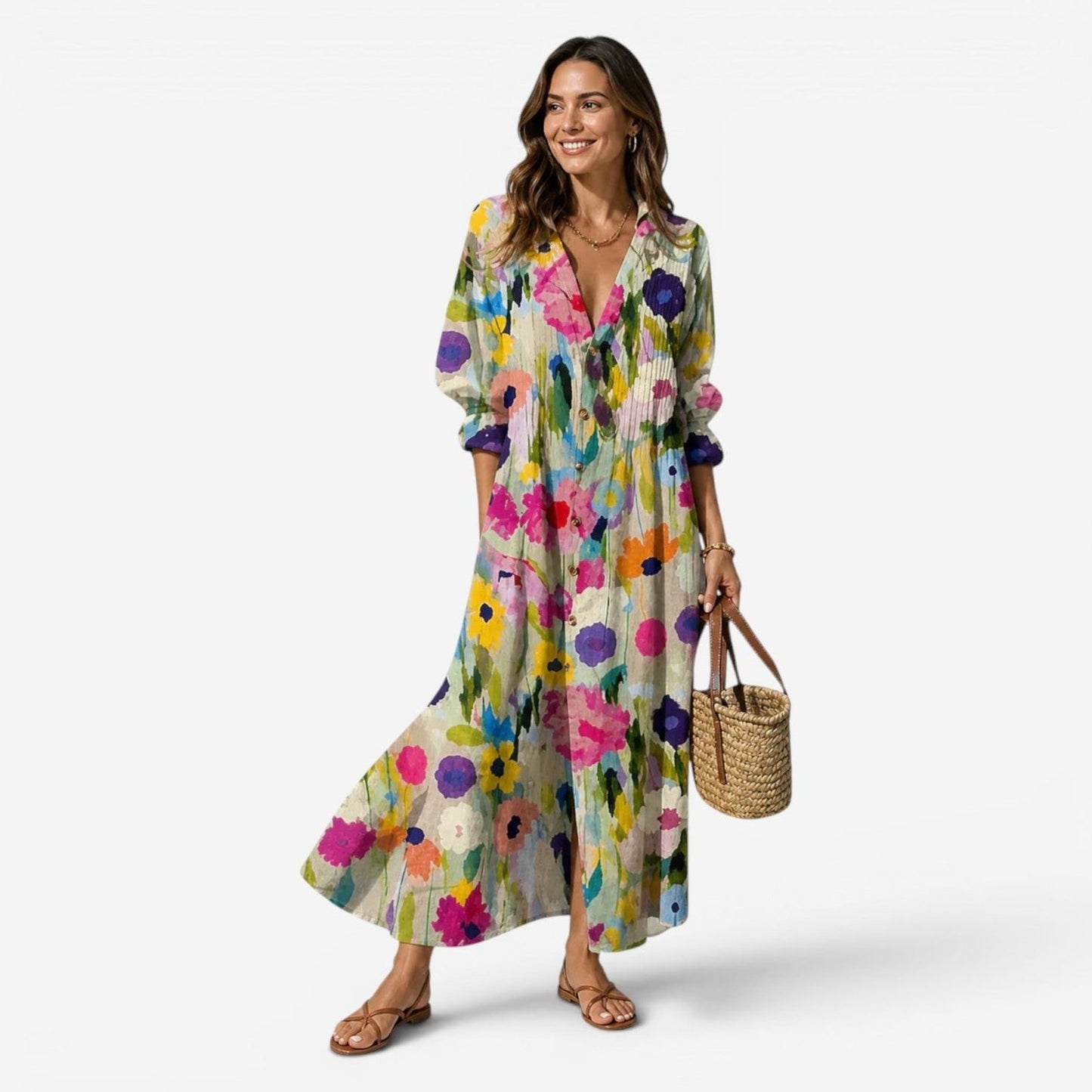 Effortless Floral Maxi Dress for Women with Collared Long Sleeve Button Front Flowing Casual Style