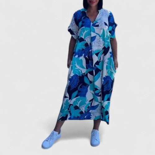 Effortless Floral Maxi Dress for Women with Collared Short Sleeve Flowing Casual Style