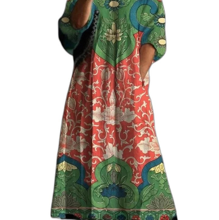 Effortless Floral Maxi Dress for Women with Crew Neck Long Sleeve Flowing Oversized Casual Style