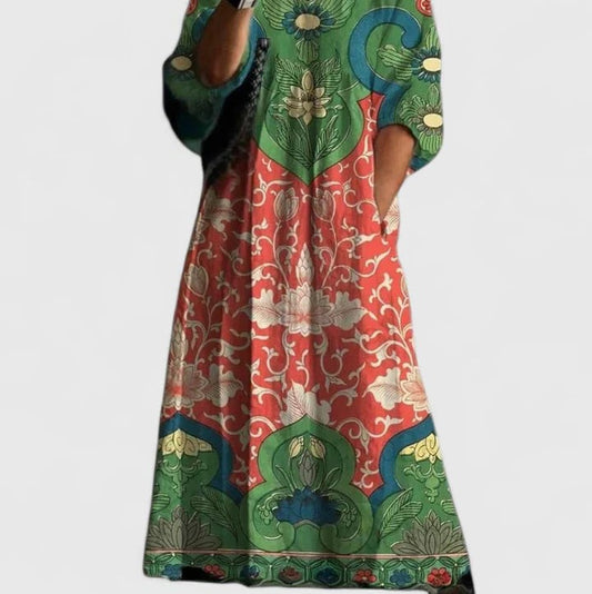 Effortless Floral Maxi Dress for Women with Crew Neck Long Sleeve Flowing Oversized Casual Style