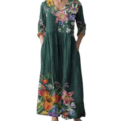 Effortless Floral Maxi Dress for Women with Crew Neck Long Sleeve Flowing Oversized Casual Style