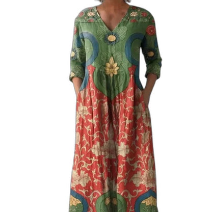 Effortless Floral Maxi Dress for Women with Crew Neck Long Sleeve Flowing Oversized Casual Style