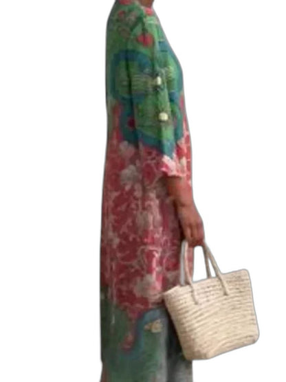 Effortless Floral Maxi Dress for Women with Crew Neck Long Sleeve Flowing Oversized Casual Style