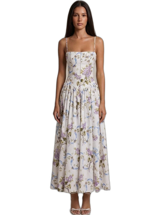 Effortless Floral Maxi Dress for Women with Square Neck Spaghetti Strap Tiered Casual Style