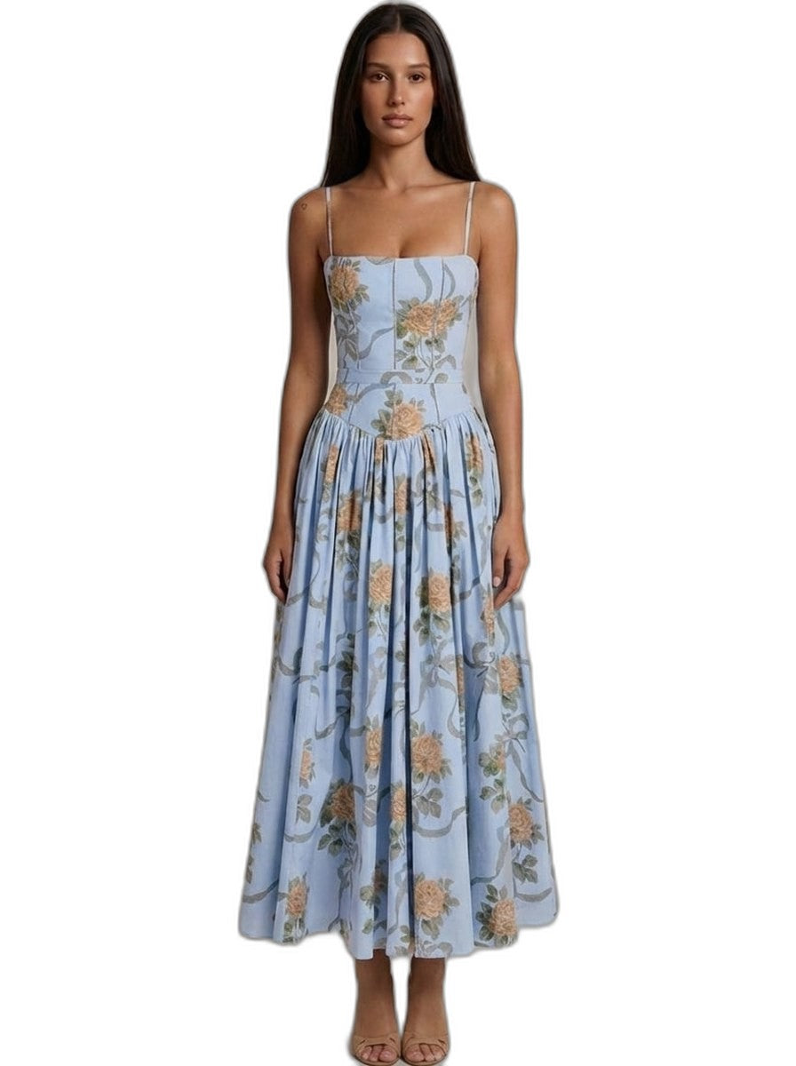 Effortless Floral Maxi Dress for Women with Square Neck Spaghetti Strap Tiered Casual Style