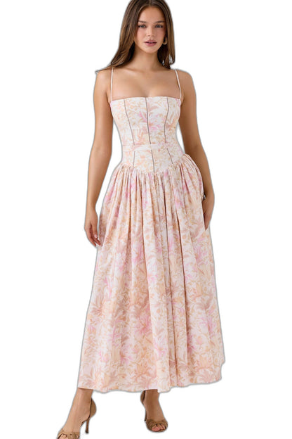 Effortless Floral Maxi Dress for Women with Square Neck Spaghetti Strap Tiered Casual Style