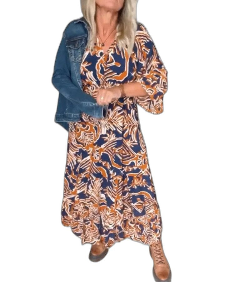 Effortless Floral Maxi Dress for Women with V Neck Long Sleeve Flowing Casual Style