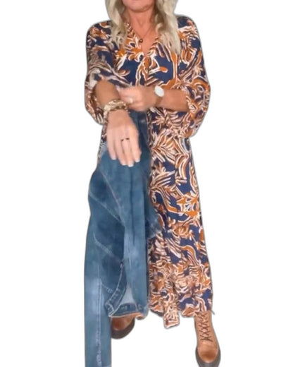Effortless Floral Maxi Dress for Women with V Neck Long Sleeve Flowing Casual Style