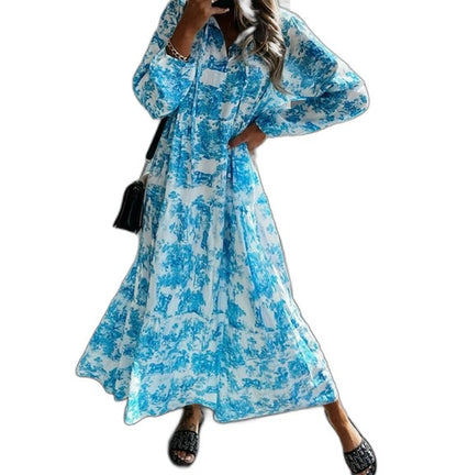 Effortless Floral Maxi Dress for Women with V Neck Long Sleeve Tiered Flowing Casual Style
