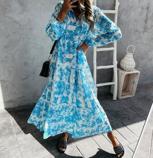 Effortless Floral Maxi Dress for Women with V Neck Long Sleeve Tiered Flowing Casual Style