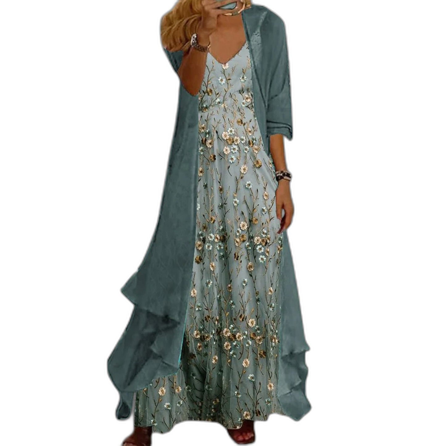 Effortless Floral Maxi Dress for Women with V Neck Long Sleeve Tiered Flowing Casual Style