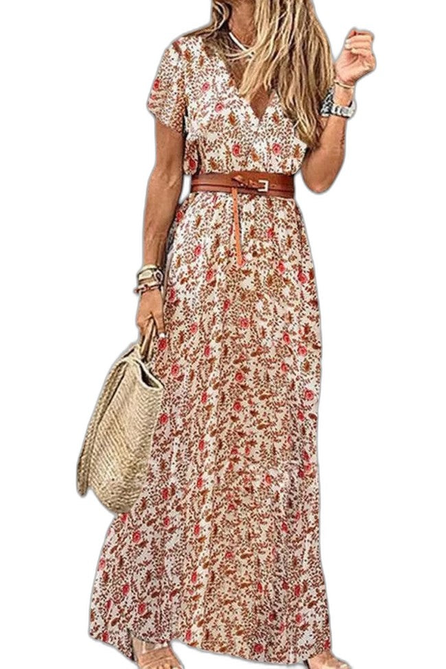 Effortless Floral Maxi Dress for Women with V Neck Short Sleeve A Line Belted Flowing Casual Style