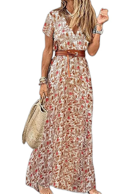 Effortless Floral Maxi Dress for Women with V Neck Short Sleeve A Line Belted Flowing Casual Style