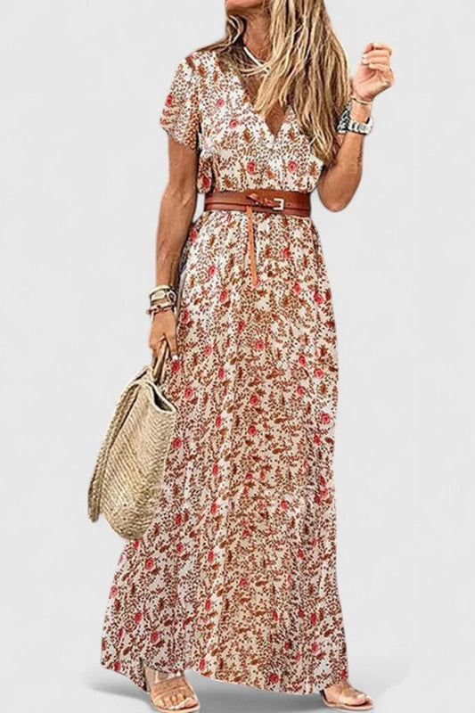 Effortless Floral Maxi Dress for Women with V Neck Short Sleeve A Line Belted Flowing Casual Style