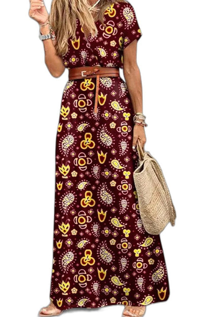 Effortless Floral Maxi Dress for Women with V Neck Short Sleeve A Line Belted Flowing Casual Style