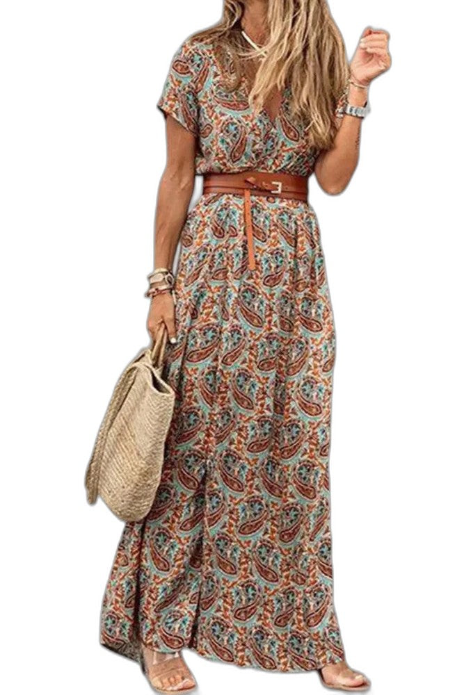 Effortless Floral Maxi Dress for Women with V Neck Short Sleeve A Line Belted Flowing Casual Style