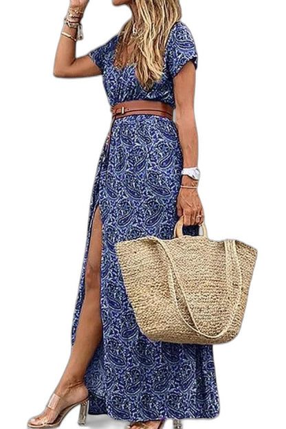Effortless Floral Maxi Dress for Women with V Neck Short Sleeve A Line Belted Flowing Casual Style