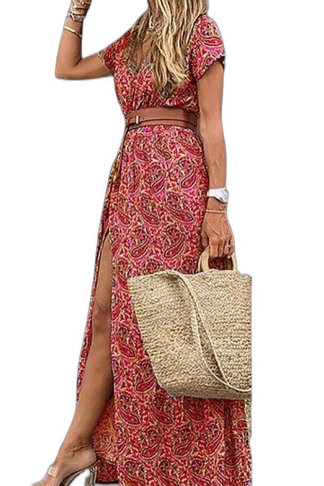 Effortless Floral Maxi Dress for Women with V Neck Short Sleeve A Line Belted Flowing Casual Style