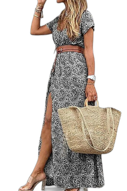 Effortless Floral Maxi Dress for Women with V Neck Short Sleeve A Line Belted Flowing Casual Style