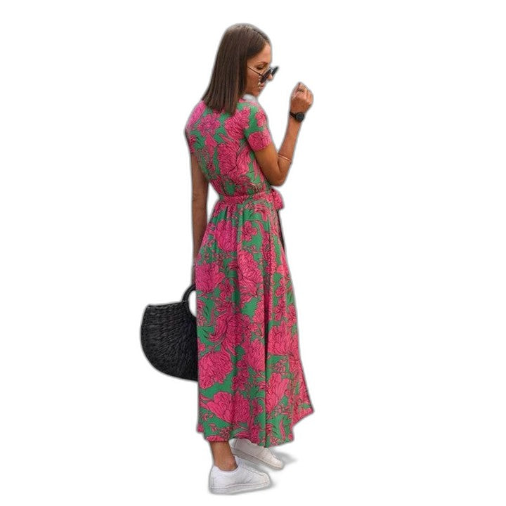 Effortless Floral Maxi Dress for Women with V Neck Short Sleeve Belted Flowing Casual Style
