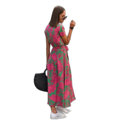 Effortless Floral Maxi Dress for Women with V Neck Short Sleeve Belted Flowing Casual Style