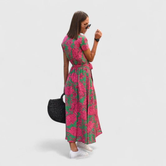 Effortless Floral Maxi Dress for Women with V Neck Short Sleeve Belted Flowing Casual Style