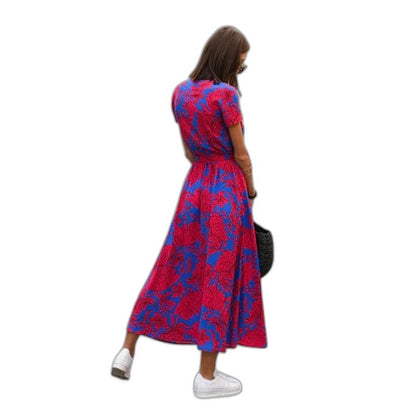 Effortless Floral Maxi Dress for Women with V Neck Short Sleeve Belted Flowing Casual Style