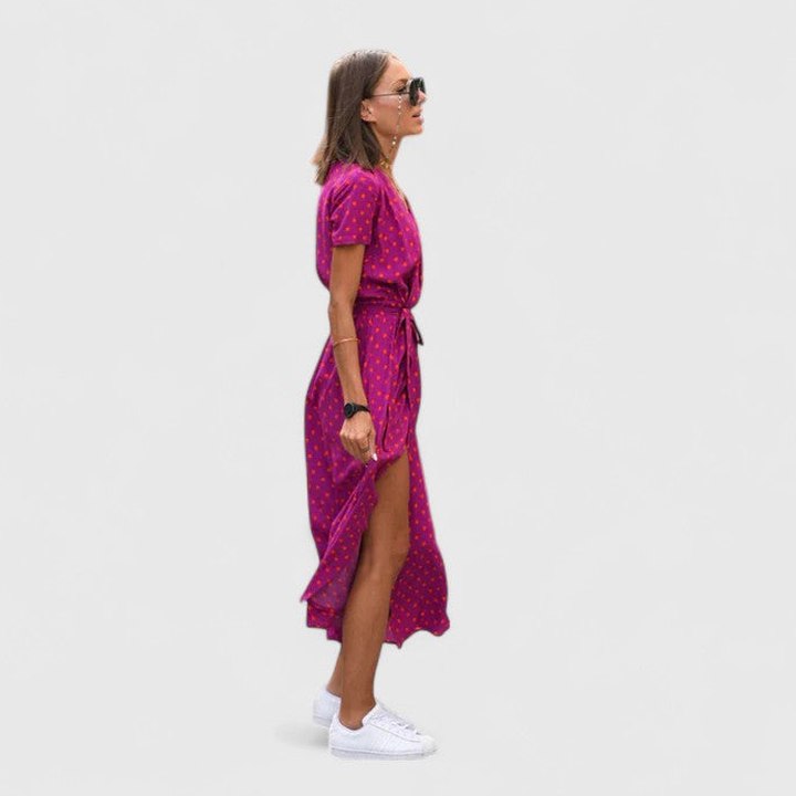 Effortless Floral Maxi Dress for Women with V Neck Short Sleeve Belted Flowing Casual Style