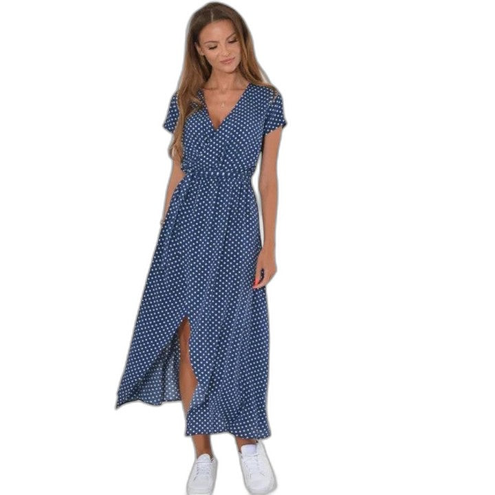 Effortless Floral Maxi Dress for Women with V Neck Short Sleeve Belted Flowing Casual Style