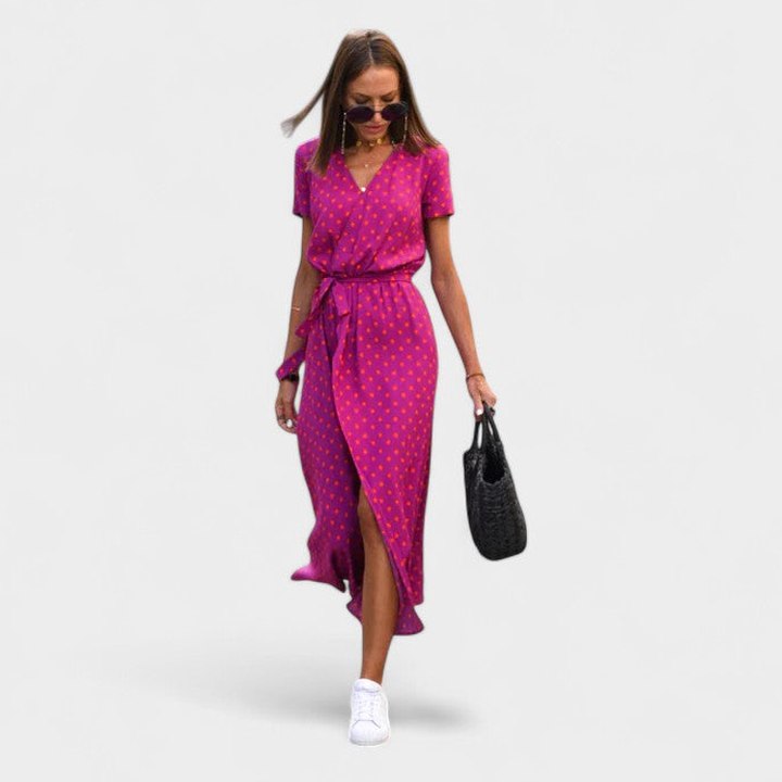Effortless Floral Maxi Dress for Women with V Neck Short Sleeve Belted Flowing Casual Style
