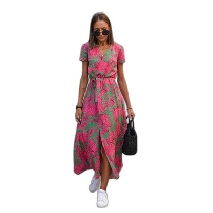 Effortless Floral Maxi Dress for Women with V Neck Short Sleeve Belted Flowing Casual Style