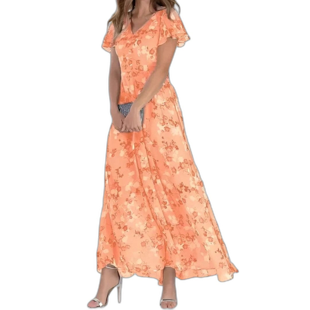 Effortless Floral Maxi Dress for Women with V Neck Short Sleeve Flowing Casual Style