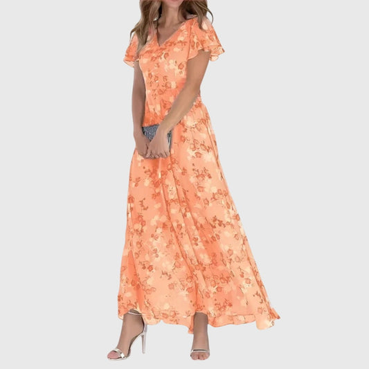 Effortless Floral Maxi Dress for Women with V Neck Short Sleeve Flowing Casual Style