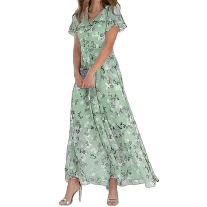Effortless Floral Maxi Dress for Women with V Neck Short Sleeve Flowing Casual Style