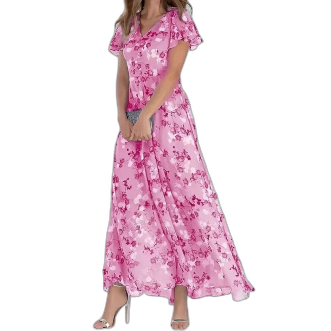 Effortless Floral Maxi Dress for Women with V Neck Short Sleeve Flowing Casual Style