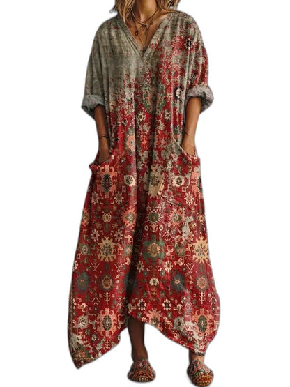 Effortless Floral Maxi Dress for Women with V Neck Short Sleeve Flowing Pockets Casual Style