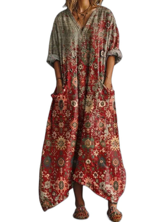 Effortless Floral Maxi Dress for Women with V Neck Short Sleeve Flowing Pockets Casual Style
