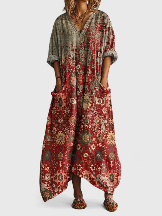 Effortless Floral Maxi Dress for Women with V Neck Short Sleeve Flowing Pockets Casual Style