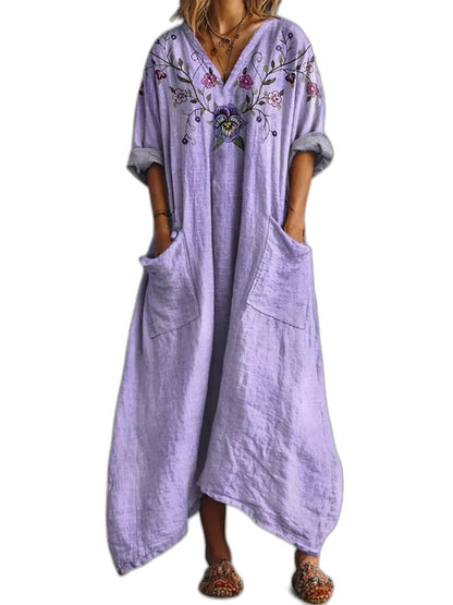 Effortless Floral Maxi Dress for Women with V Neck Short Sleeve Flowing Pockets Casual Style