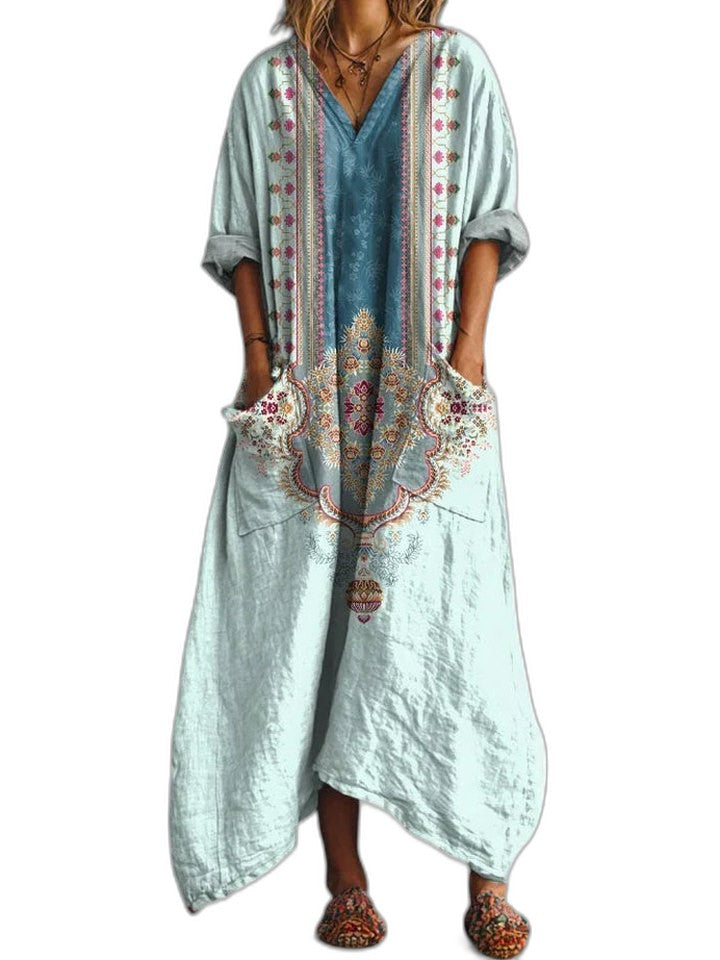 Effortless Floral Maxi Dress for Women with V Neck Short Sleeve Flowing Pockets Casual Style