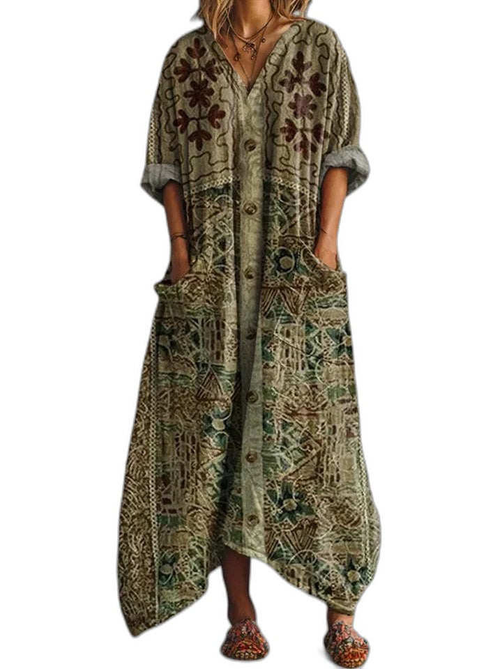 Effortless Floral Maxi Dress for Women with V Neck Short Sleeve Flowing Pockets Casual Style