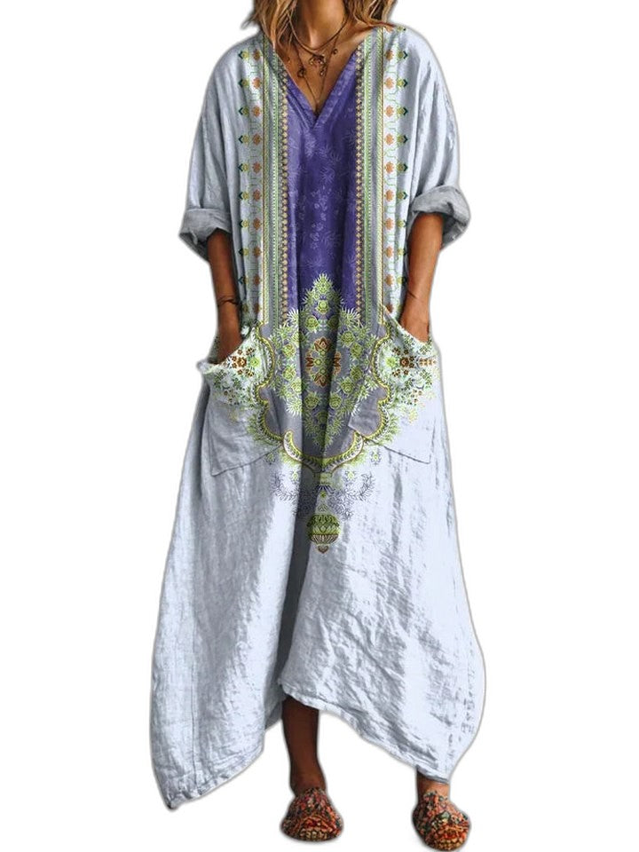 Effortless Floral Maxi Dress for Women with V Neck Short Sleeve Flowing Pockets Casual Style