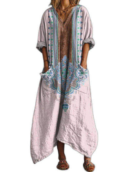 Effortless Floral Maxi Dress for Women with V Neck Short Sleeve Flowing Pockets Casual Style