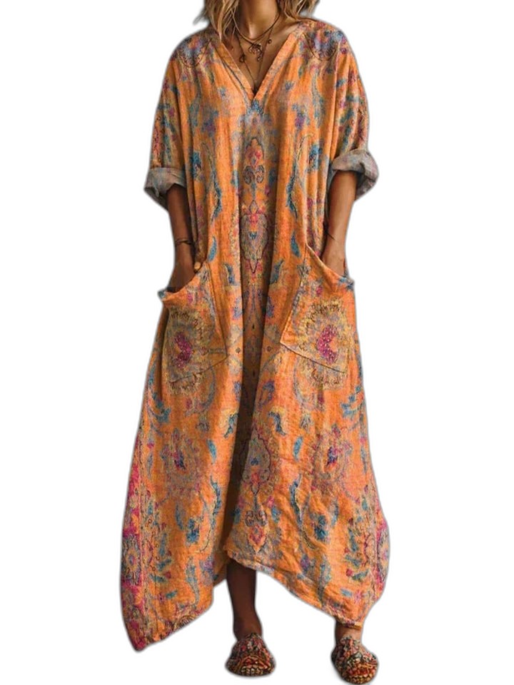 Effortless Floral Maxi Dress for Women with V Neck Short Sleeve Flowing Pockets Casual Style