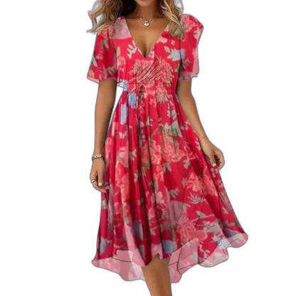 Effortless Floral Midi Dress for Women with Chiffon V Neck Short Sleeve Fit And Flare Casual Style